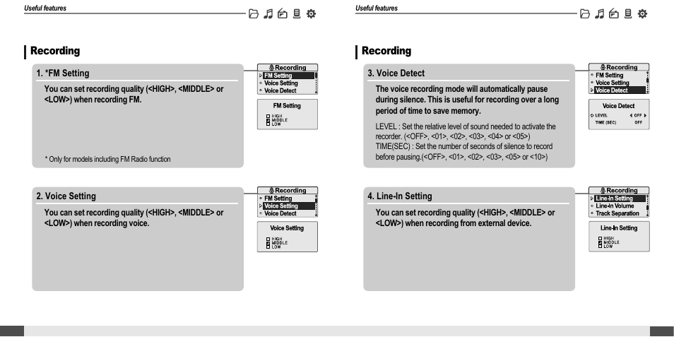 Customizing the function settings (menu), Recording | iRiver MP3 Player T30 User Manual | Page 28 / 37
