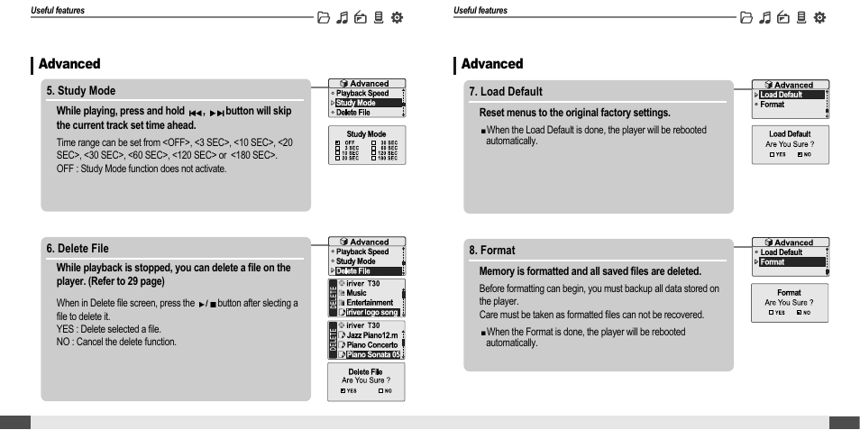 Customizing the function settings (menu), Advanced | iRiver MP3 Player T30 User Manual | Page 32 / 37