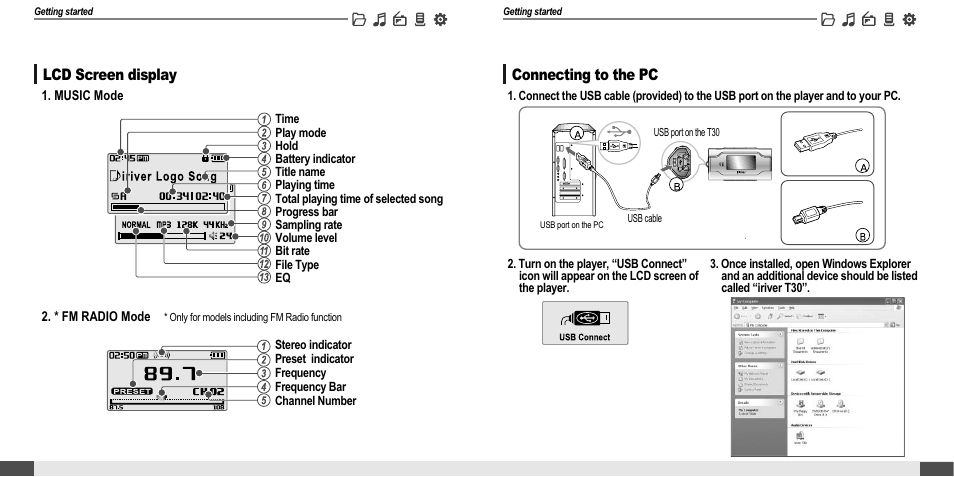 Connecting to the pc connection/installation, Locating the controls, Lcd screen display | iRiver MP3 Player T30 User Manual | Page 7 / 37