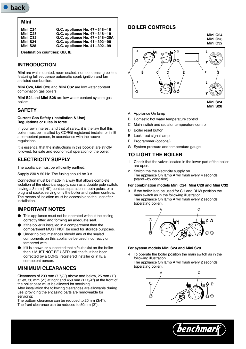 Back, Mini, Introduction | Safety, Electricity supply, Minimum clearances, Boiler controls | IDEAL INDUSTRIES MINI C28 User Manual | Page 2 / 4