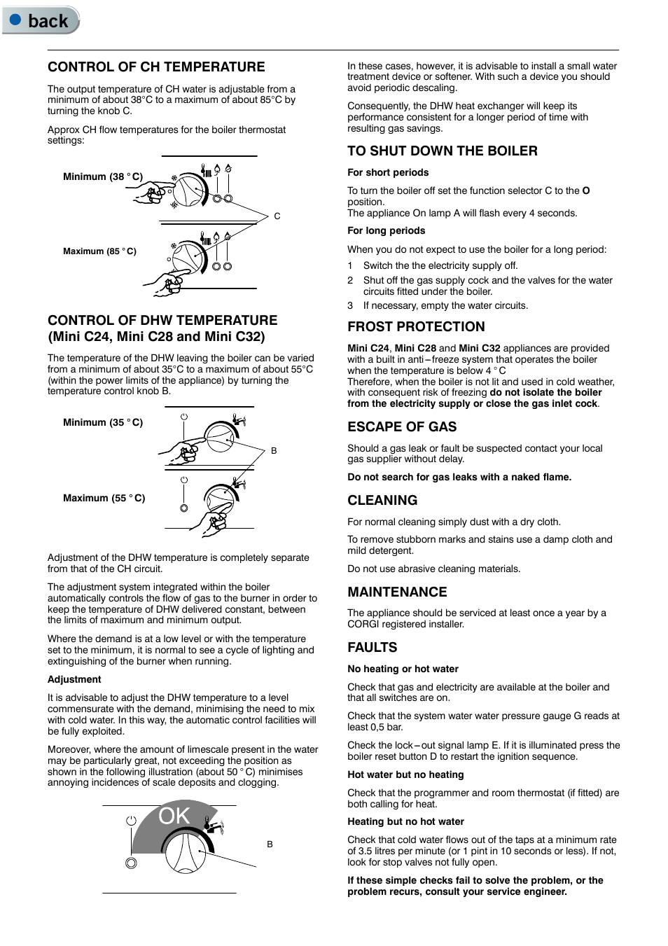 Back, Control of ch temperature, Frost protection | Escape of gas, Cleaning, Maintenance, Faults | IDEAL INDUSTRIES MINI C28 User Manual | Page 3 / 4