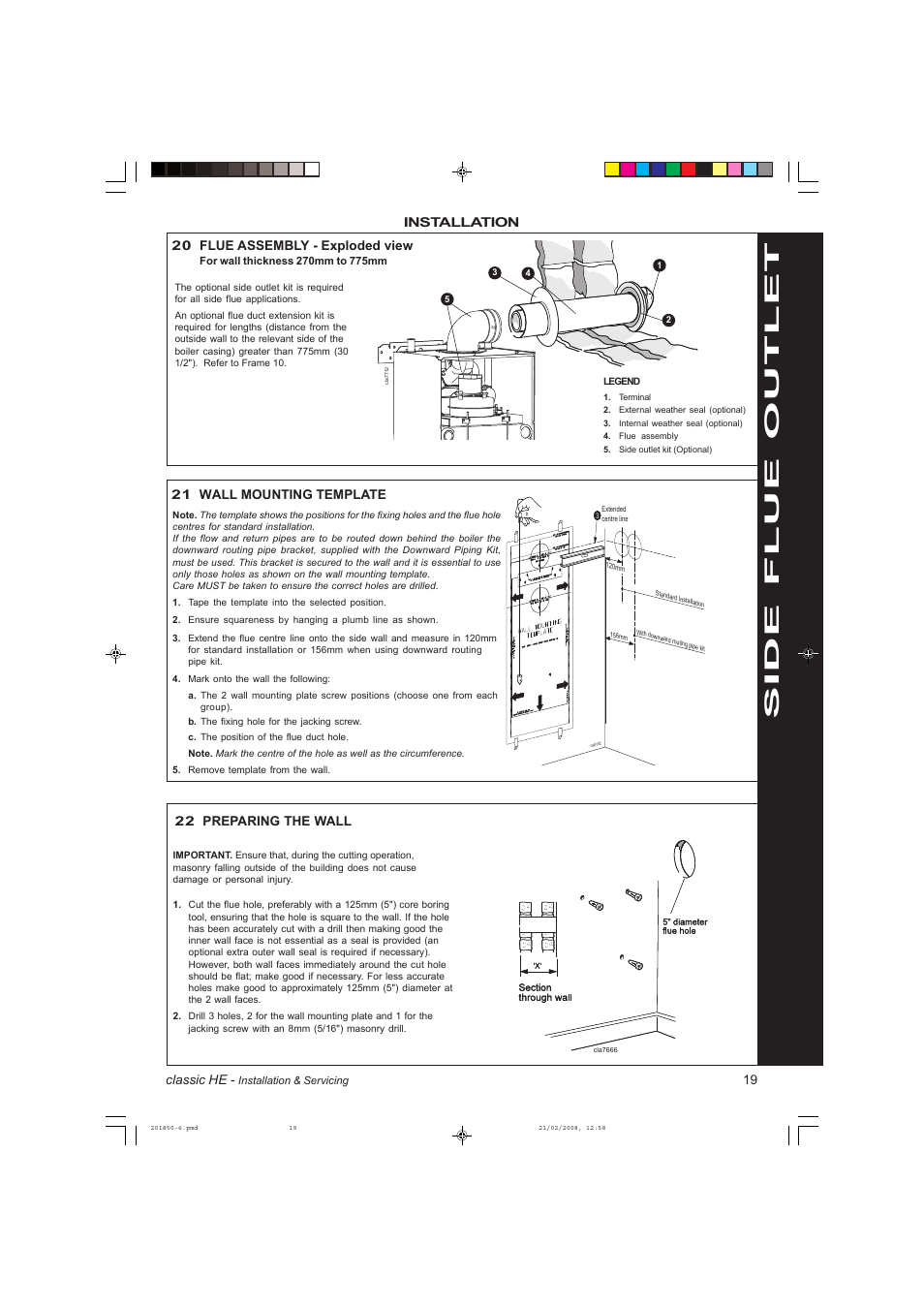 Side flue outlet, Classic he, 19 installation | 20 flue assembly - exploded view, 21 wall mounting template, 22 preparing the wall | IDEAL INDUSTRIES CLASSIC HE18 User Manual | Page 19 / 52