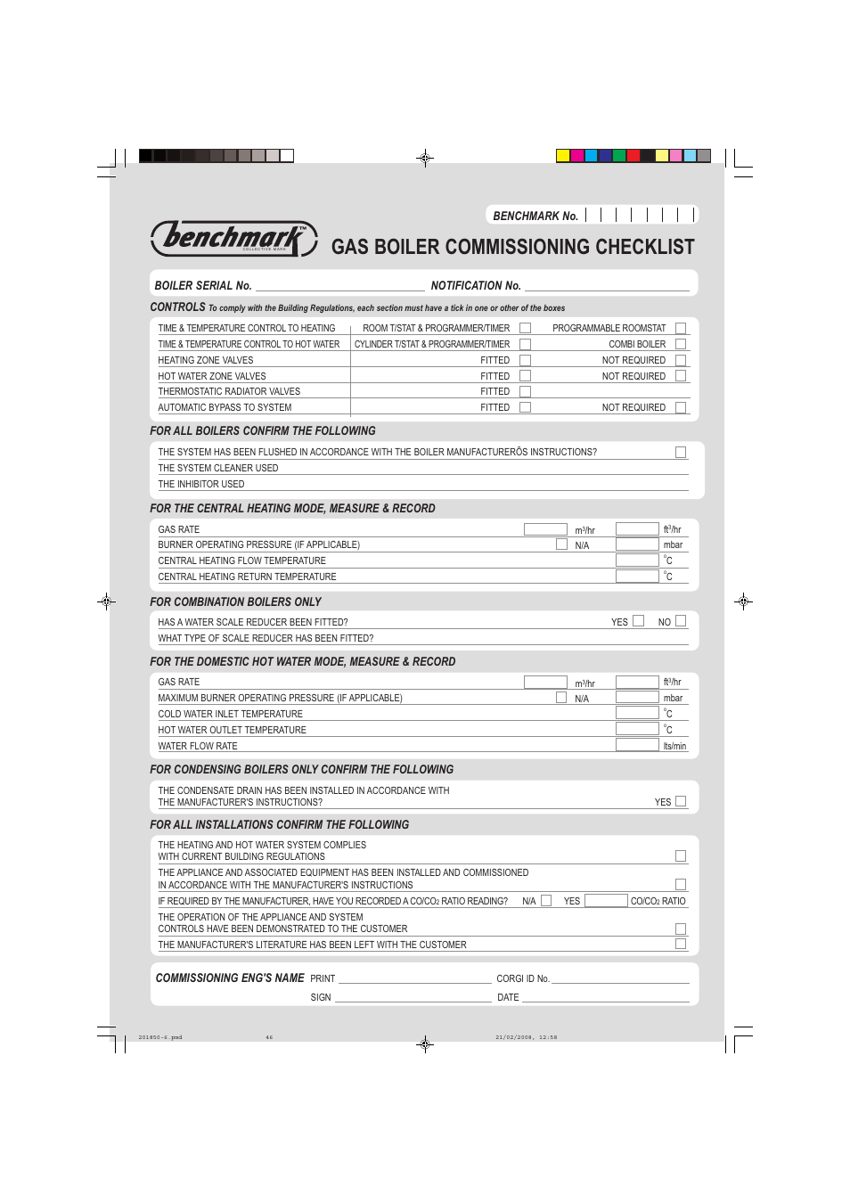 Gas boiler commissioning checklist | IDEAL INDUSTRIES CLASSIC HE18 User Manual | Page 46 / 52