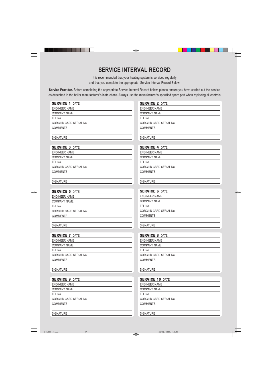 Service interval record | IDEAL INDUSTRIES CLASSIC HE18 User Manual | Page 47 / 52