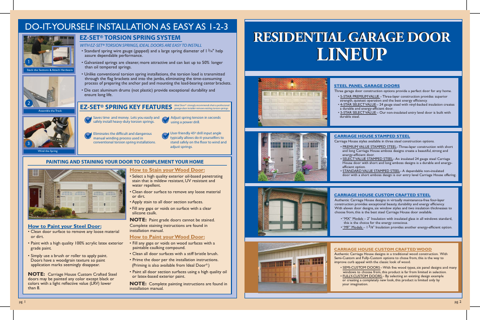 Lineup, Residential garage door, Do-it-yourself installation as easy as 1-2-3 | Ez-set® torsion spring system, Ez-set® spring key features | IDEAL INDUSTRIES Series 3 Models MF35 User Manual | Page 2 / 6