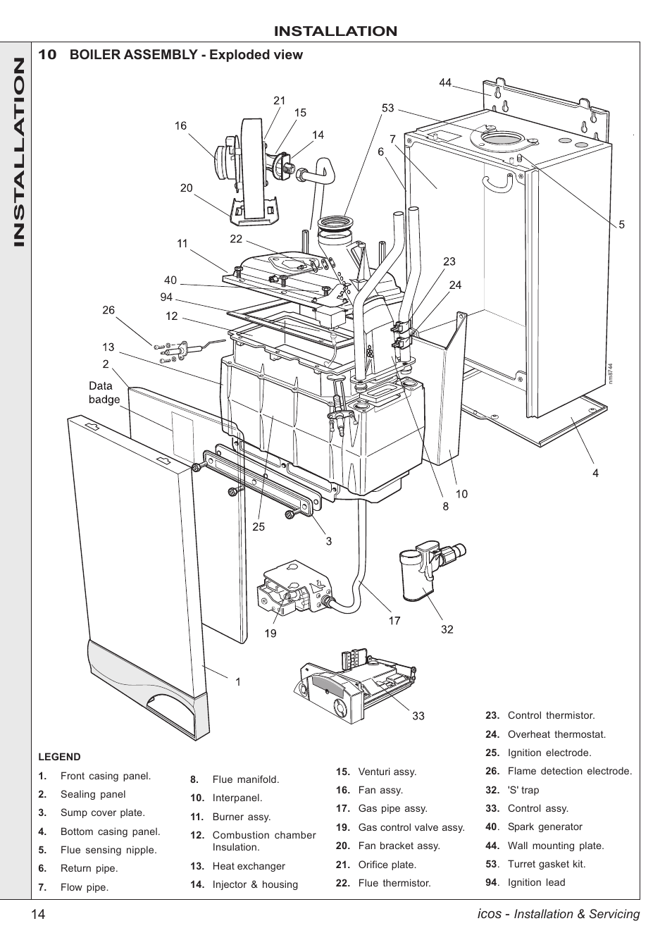 14 icos, Installation, 10 boiler assembly - exploded view | Inst alla tion | IDEAL INDUSTRIES ICOS HE18 User Manual | Page 14 / 60