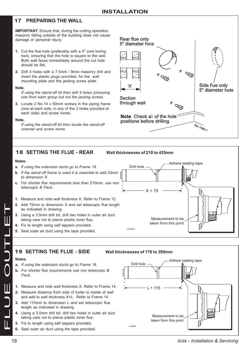 Flue outlet, 18 icos, Installation | 17 preparing the wall, 19 setting the flue - side, 18 setting the flue - rear | IDEAL INDUSTRIES ICOS HE18 User Manual | Page 18 / 60