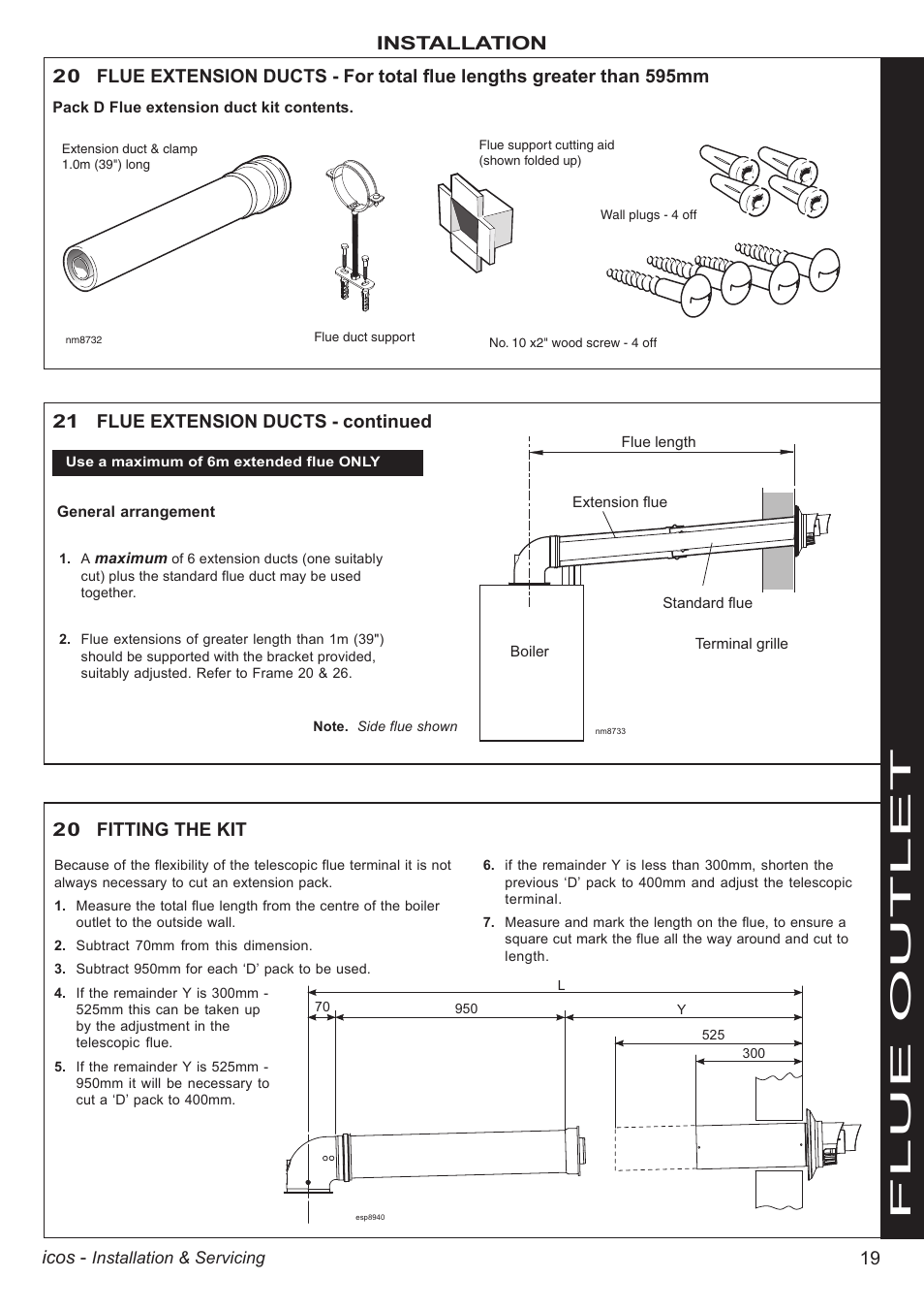Flue outlet, 19 icos, Installation | 21 flue extension ducts - continued, 20 fitting the kit | IDEAL INDUSTRIES ICOS HE18 User Manual | Page 19 / 60