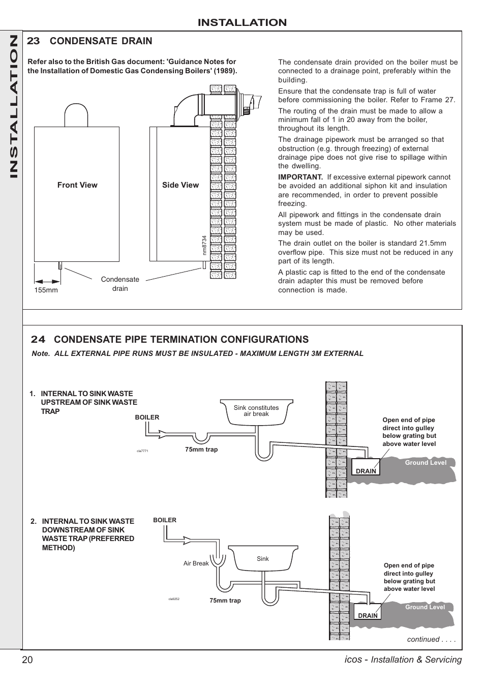 20 icos, Installation 23 condensate drain, 24 condensate pipe termination configurations | Inst alla tion | IDEAL INDUSTRIES ICOS HE18 User Manual | Page 20 / 60