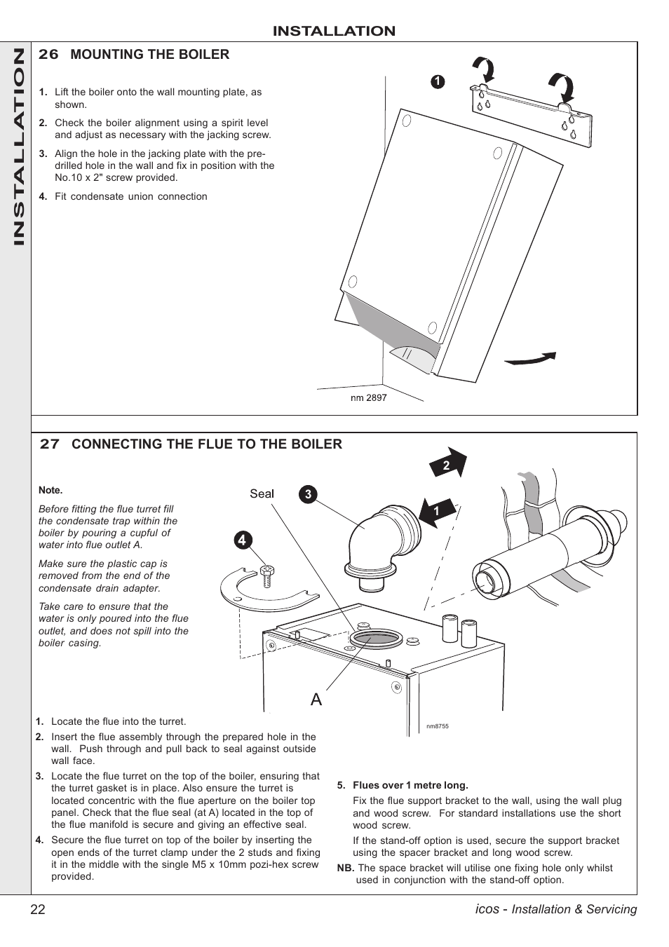 22 icos, Installation, 27 connecting the flue to the boiler | 26 mounting the boiler, Inst alla tion | IDEAL INDUSTRIES ICOS HE18 User Manual | Page 22 / 60