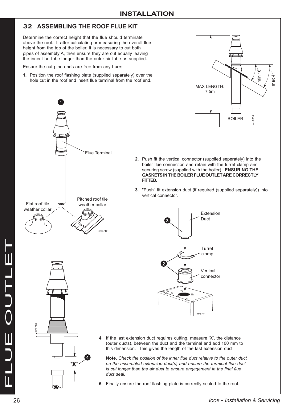 Flue outlet, 26 icos, Installation | 32 assembling the roof flue kit | IDEAL INDUSTRIES ICOS HE18 User Manual | Page 26 / 60