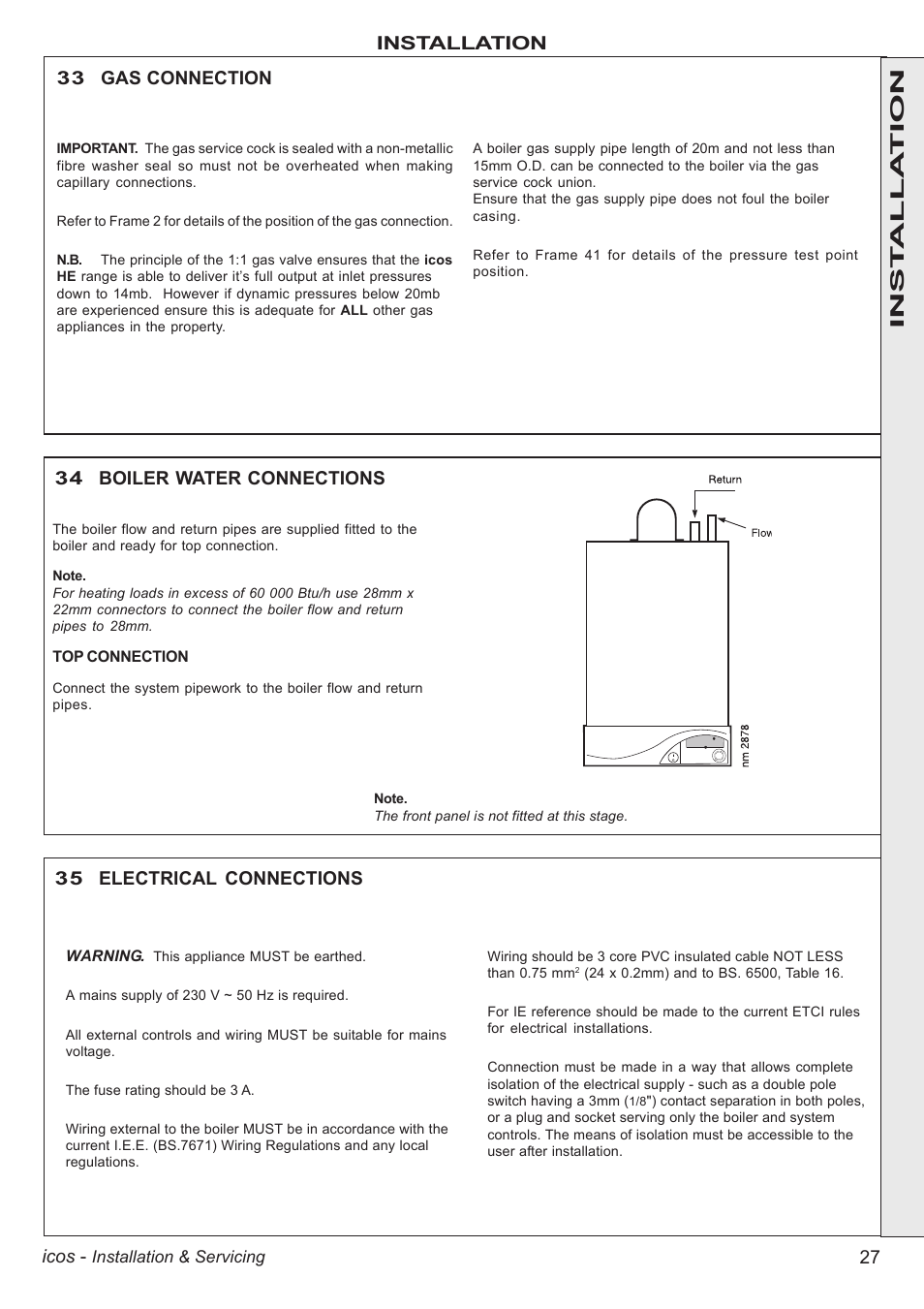 27 icos, Installation 33 gas connection, 34 boiler water connections | 35 electrical connections, Inst alla tion | IDEAL INDUSTRIES ICOS HE18 User Manual | Page 27 / 60