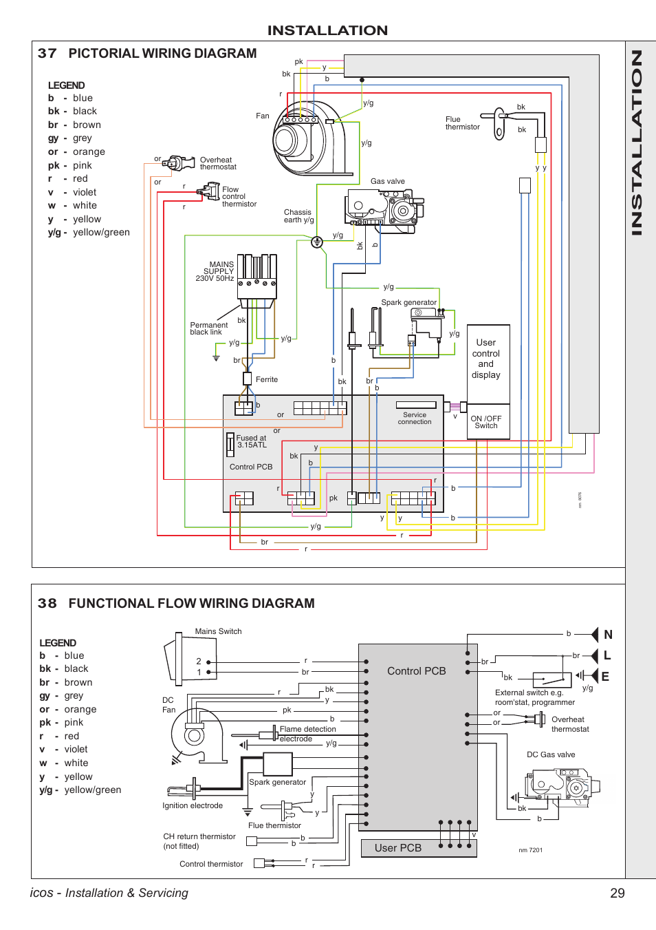 29 icos, Installation, 38 functional flow wiring diagram | 37 pictorial wiring diagram, Inst alla tion, Installation & servicing | IDEAL INDUSTRIES ICOS HE18 User Manual | Page 29 / 60