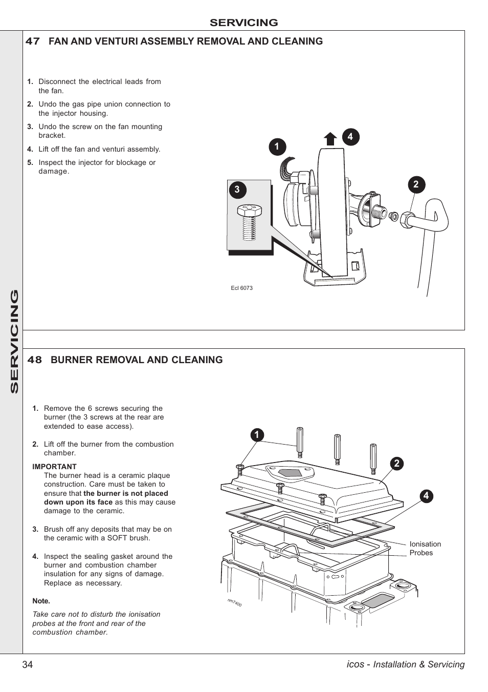 34 icos, Servicing, 47 fan and venturi assembly removal and cleaning | 48 burner removal and cleaning, 12 4 ser vicing | IDEAL INDUSTRIES ICOS HE18 User Manual | Page 34 / 60