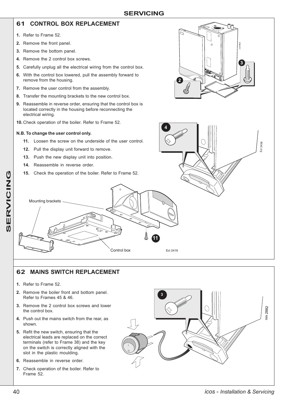 40 icos, Servicing 62 mains switch replacement, 61 control box replacement | Ser vicing | IDEAL INDUSTRIES ICOS HE18 User Manual | Page 40 / 60