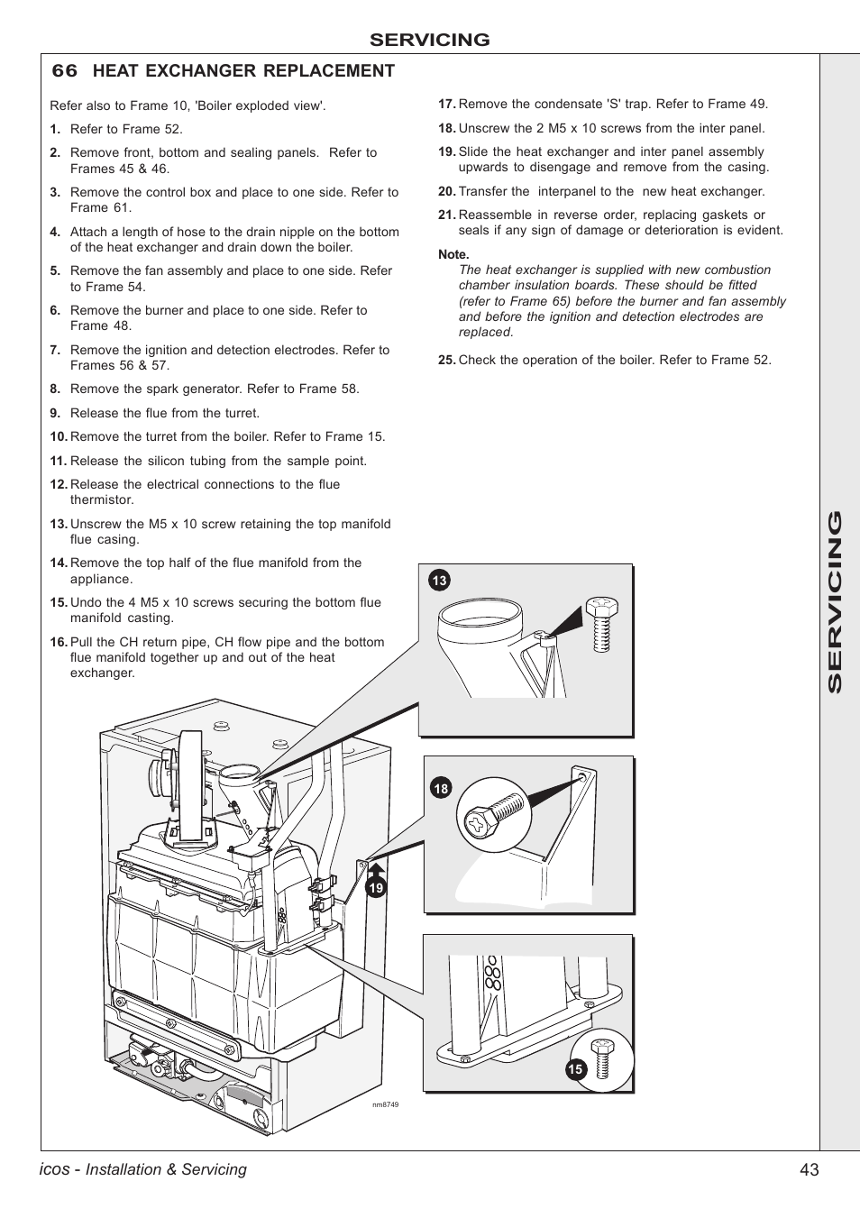 43 icos, Servicing 66 heat exchanger replacement, Ser vicing | IDEAL INDUSTRIES ICOS HE18 User Manual | Page 43 / 60