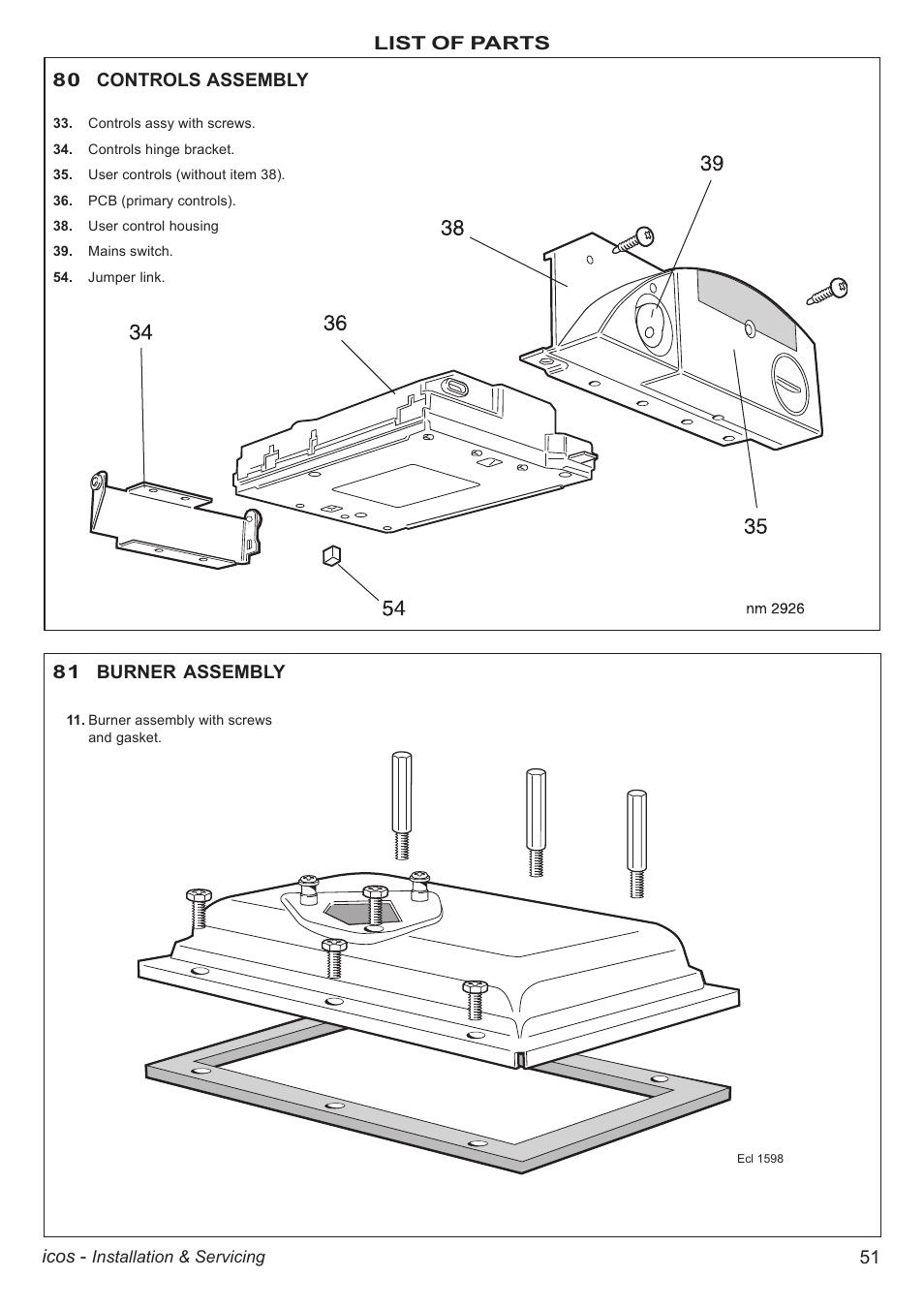 51 icos, 81 burner assembly, List of parts 80 controls assembly | IDEAL INDUSTRIES ICOS HE18 User Manual | Page 51 / 60