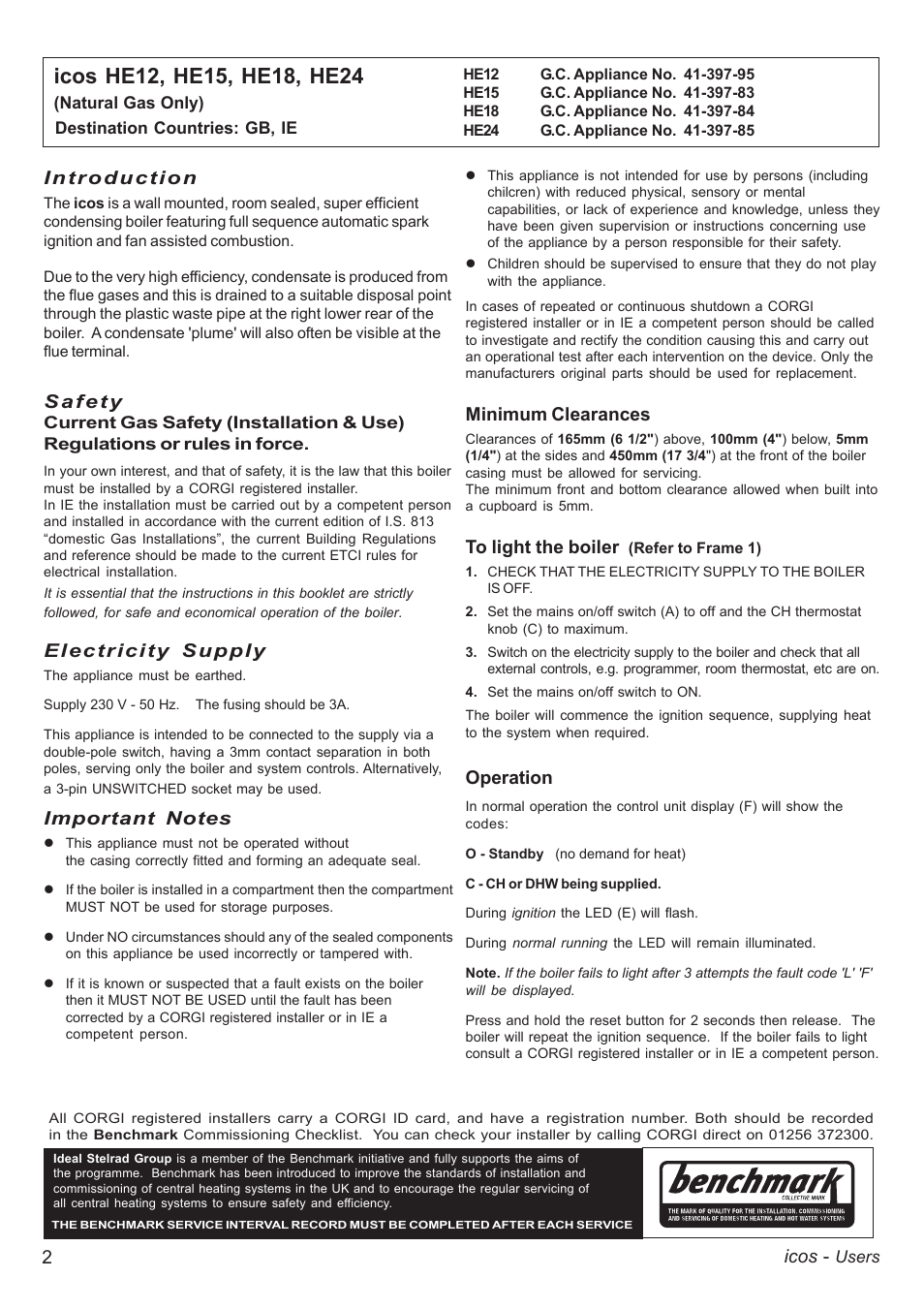 2icos, Introduction, Electricity supply | Minimum clearances, Operation | IDEAL INDUSTRIES ICOS HE18 User Manual | Page 58 / 60
