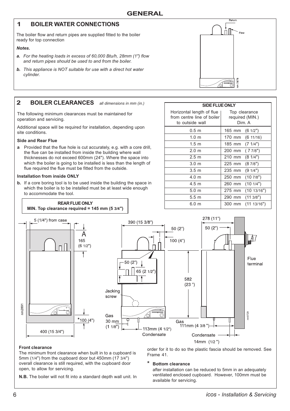 6icos, General, 1boiler water connections | 2boiler clearances | IDEAL INDUSTRIES ICOS HE18 User Manual | Page 6 / 60