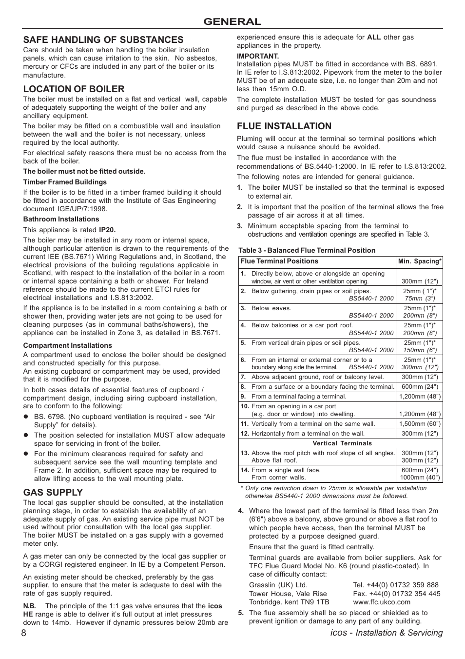 8icos, General safe handling of substances, Location of boiler | Gas supply, Flue installation, Installation & servicing | IDEAL INDUSTRIES ICOS HE18 User Manual | Page 8 / 60