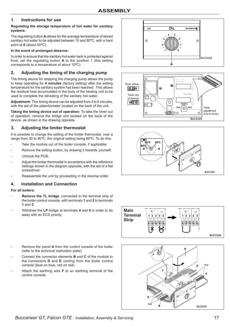 Buccaneer gt, falcon gte, 17 assembly, Instructions for use | Adjusting the timing of the charging pump, Adjusting the limiter thermostat, Installation and connection, Main terminal strip, Installation, assembly & servicing | IDEAL INDUSTRIES BUC5034 User Manual | Page 17 / 24