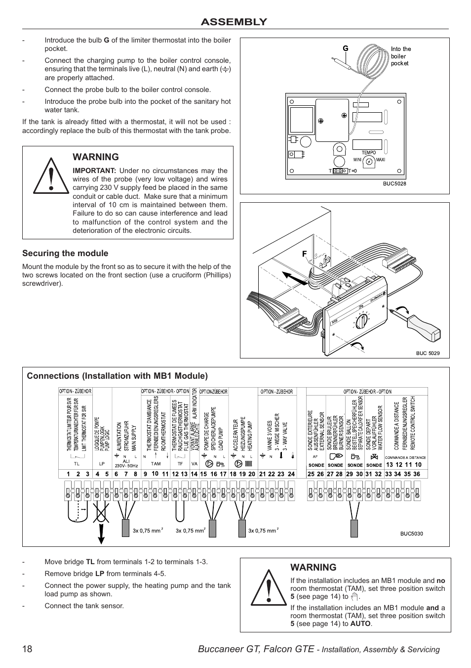 18 buccaneer gt, falcon gte, Warning, Assembly | Securing the module, Connections (installation with mb1 module), Installation, assembly & servicing | IDEAL INDUSTRIES BUC5034 User Manual | Page 18 / 24