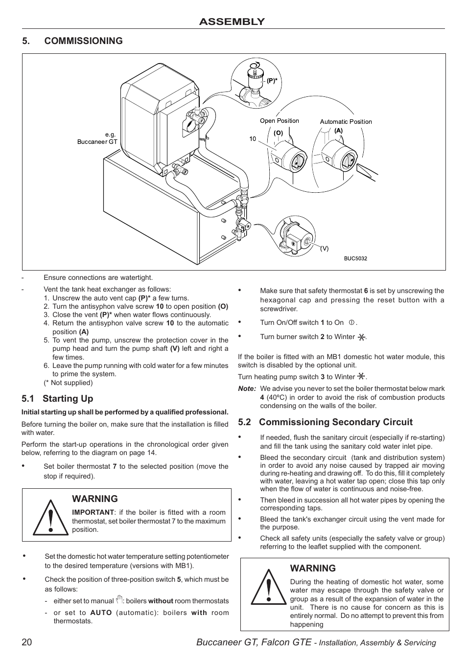 20 buccaneer gt, falcon gte, Commissioning assembly, 1 starting up | Warning, 2 commissioning secondary circuit | IDEAL INDUSTRIES BUC5034 User Manual | Page 20 / 24