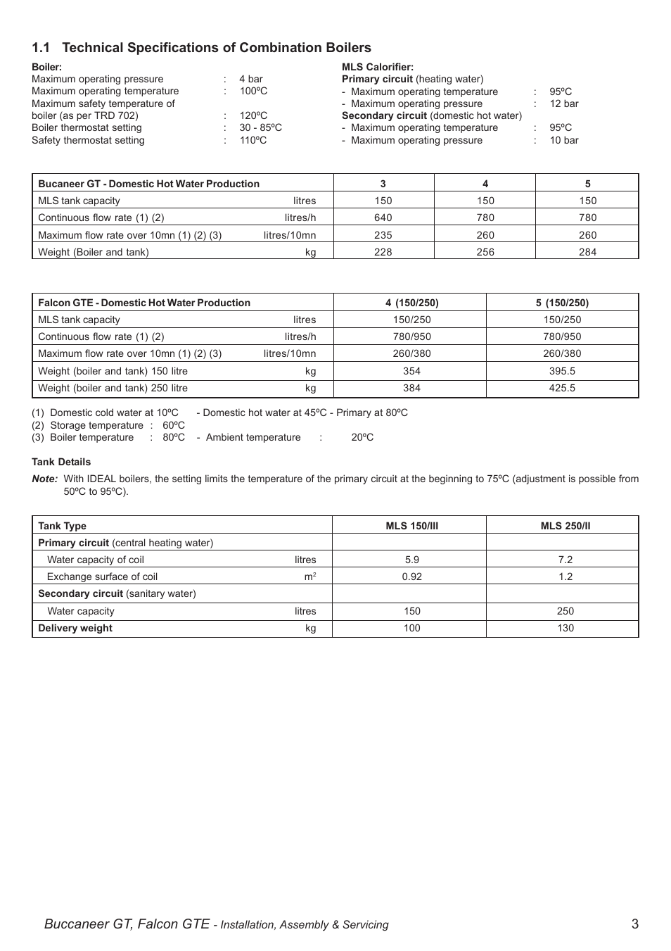 Buccaneer gt, falcon gte, 1 technical specifications of combination boilers | IDEAL INDUSTRIES BUC5034 User Manual | Page 3 / 24