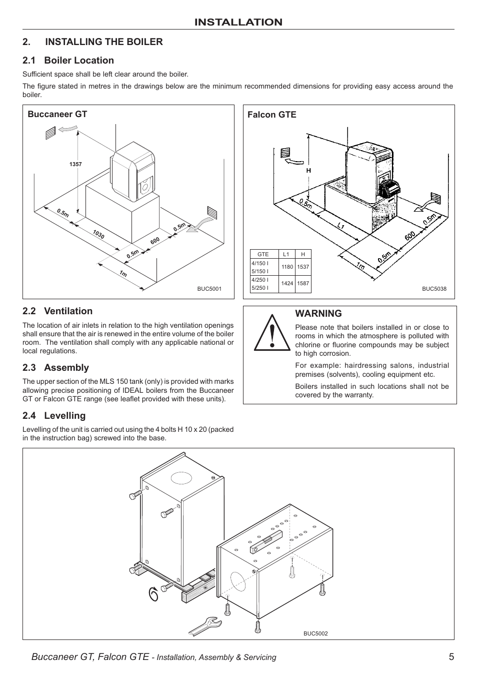 Buccaneer gt, falcon gte, 2 ventilation, 3 assembly | 4 levelling, Warning, Buccaneer gt falcon gte | IDEAL INDUSTRIES BUC5034 User Manual | Page 5 / 24