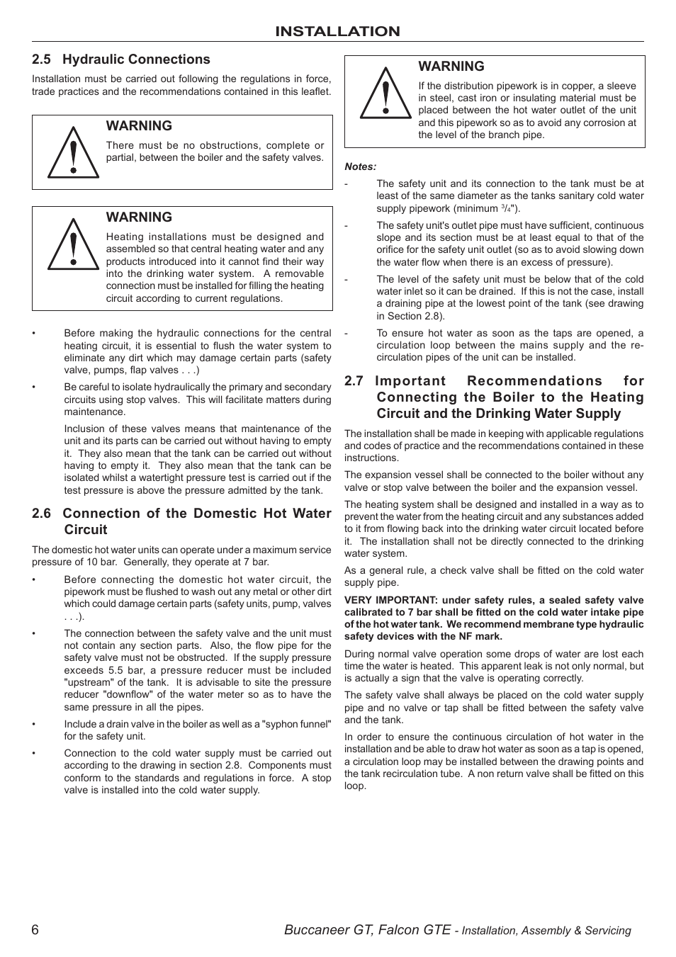 6buccaneer gt, falcon gte, Installation 2.5 hydraulic connections, 6 connection of the domestic hot water circuit | Warning | IDEAL INDUSTRIES BUC5034 User Manual | Page 6 / 24