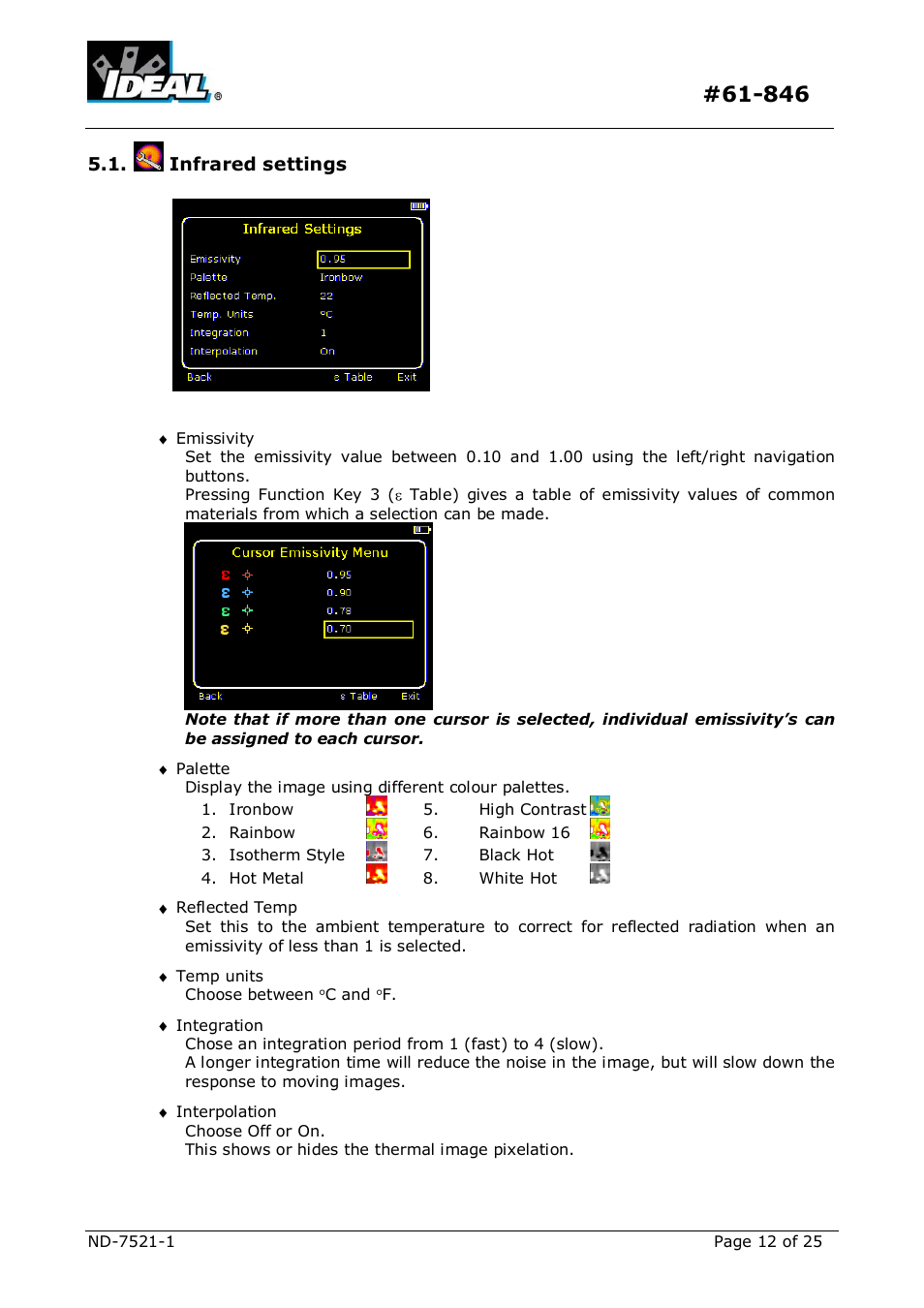 Nfrared settings | IDEAL INDUSTRIES Dual View Thermal Imaging Camera HeatSeeker 160 User Manual | Page 12 / 25