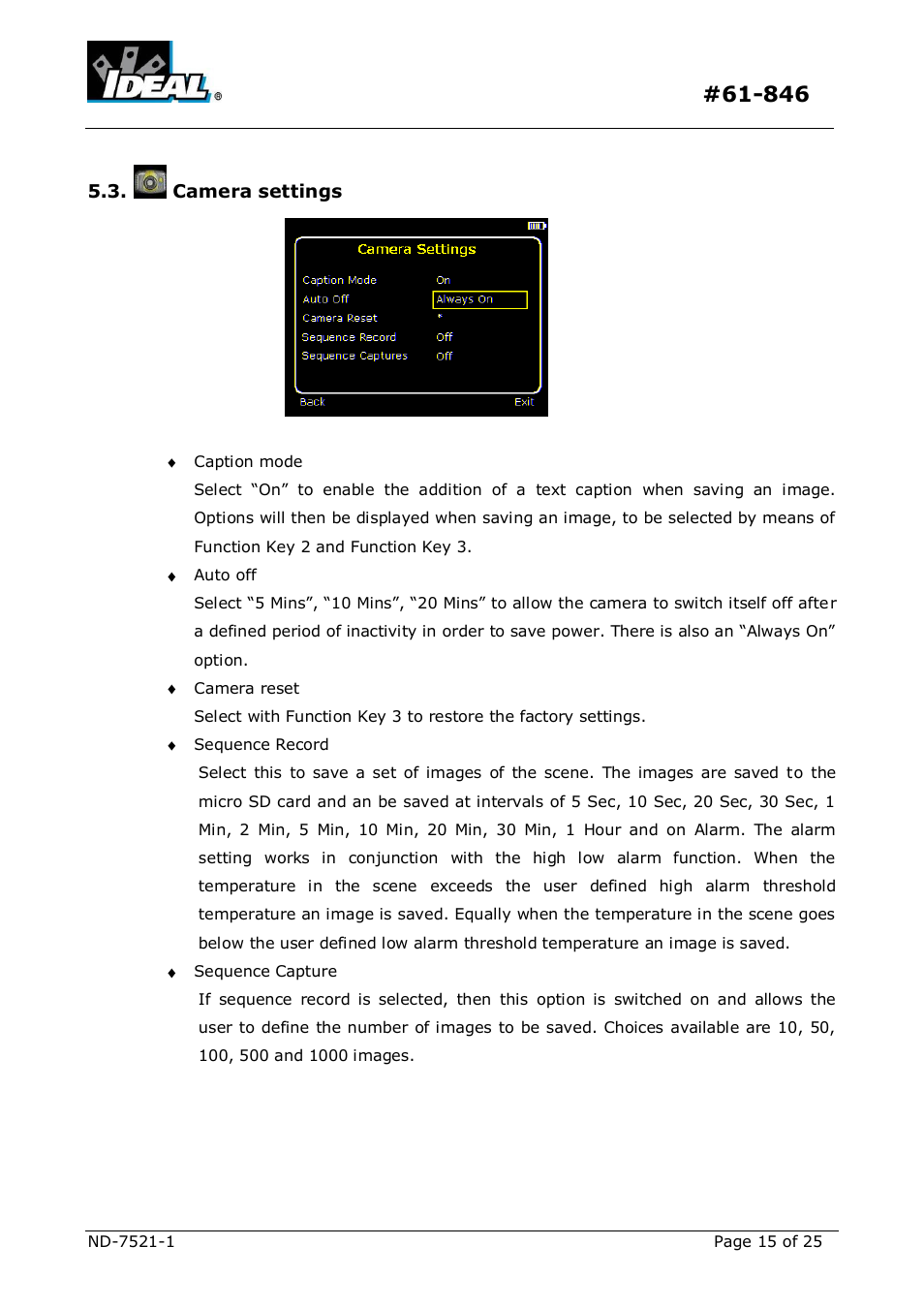 Amera settings | IDEAL INDUSTRIES Dual View Thermal Imaging Camera HeatSeeker 160 User Manual | Page 15 / 25