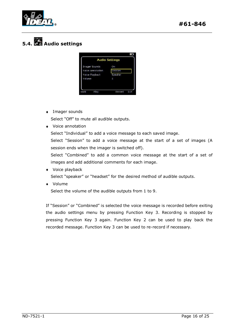 Udio settings | IDEAL INDUSTRIES Dual View Thermal Imaging Camera HeatSeeker 160 User Manual | Page 16 / 25