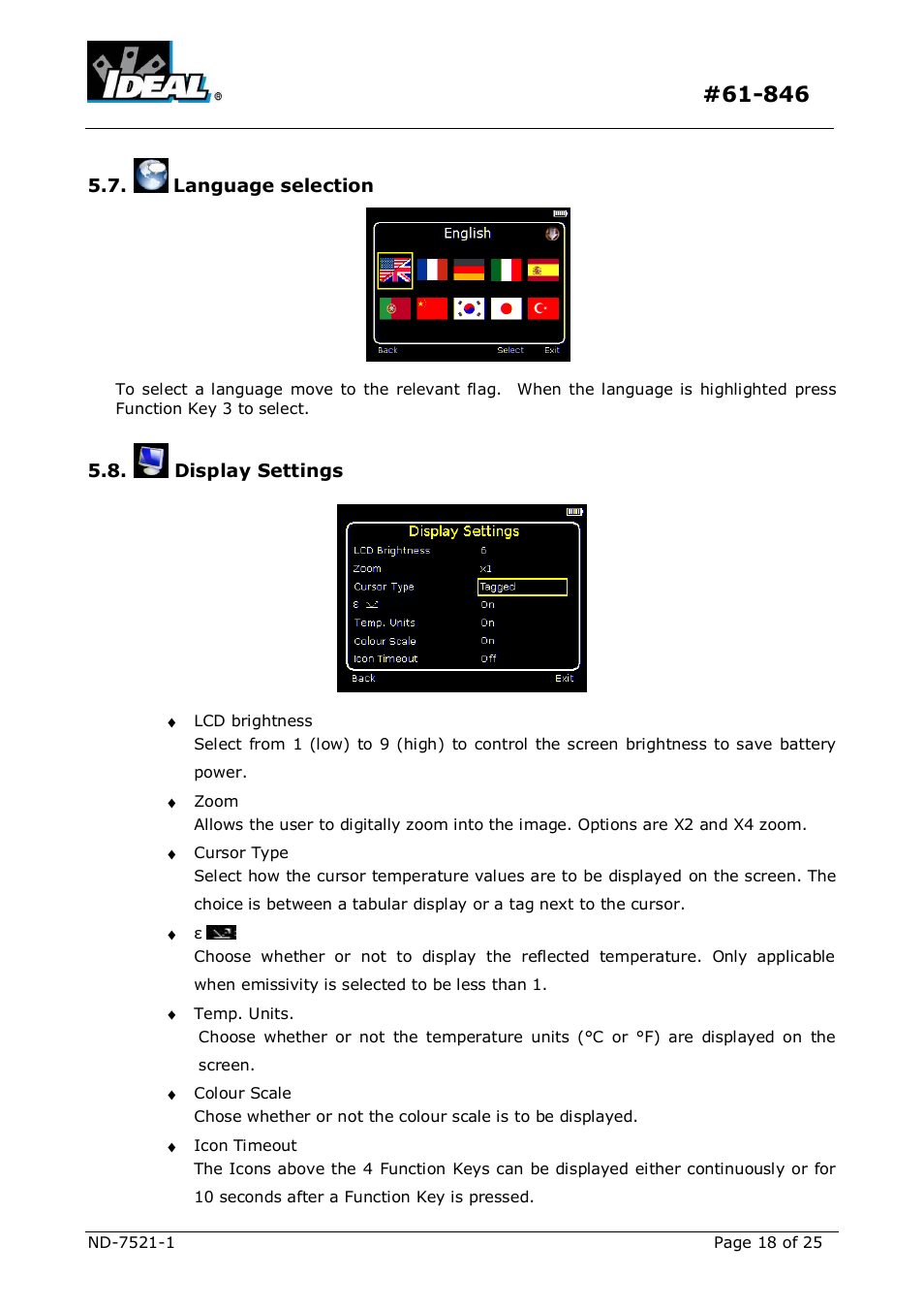 Anguage selection, Isplay, Ettings | IDEAL INDUSTRIES Dual View Thermal Imaging Camera HeatSeeker 160 User Manual | Page 18 / 25