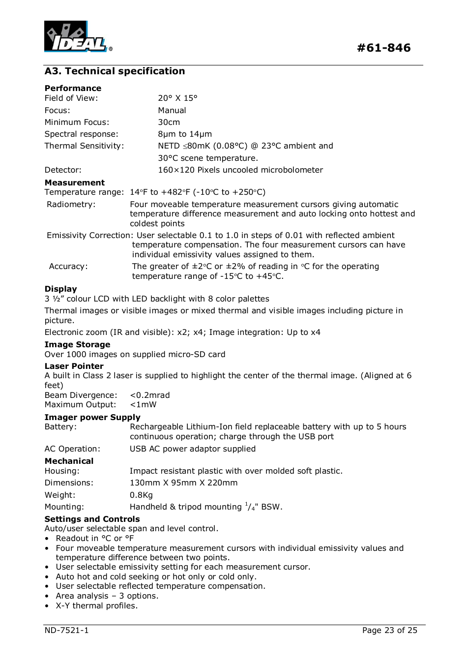 Echnical specification | IDEAL INDUSTRIES Dual View Thermal Imaging Camera HeatSeeker 160 User Manual | Page 23 / 25