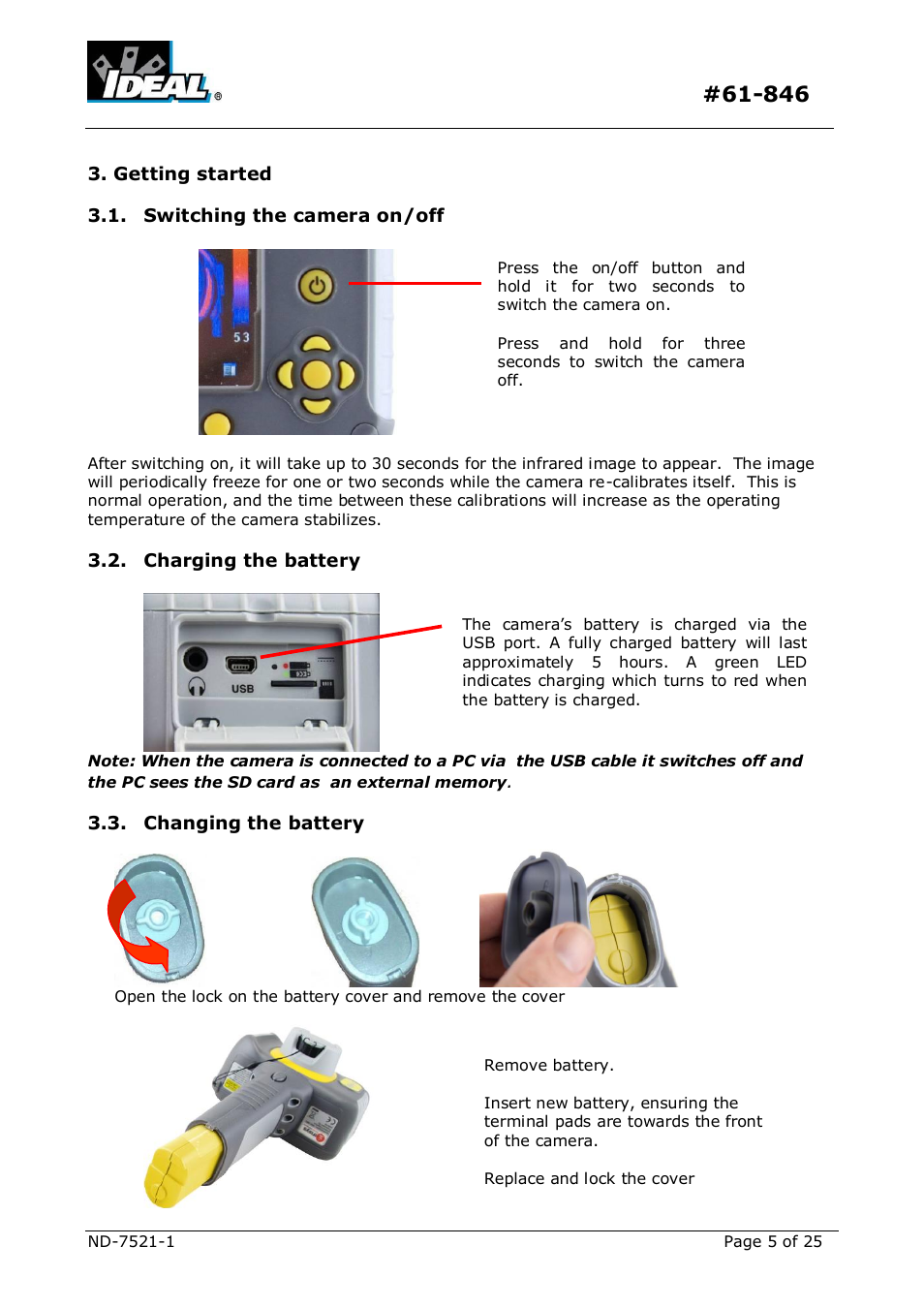 Getting started, Witching the camera on, Harging the battery | Hanging the battery | IDEAL INDUSTRIES Dual View Thermal Imaging Camera HeatSeeker 160 User Manual | Page 5 / 25