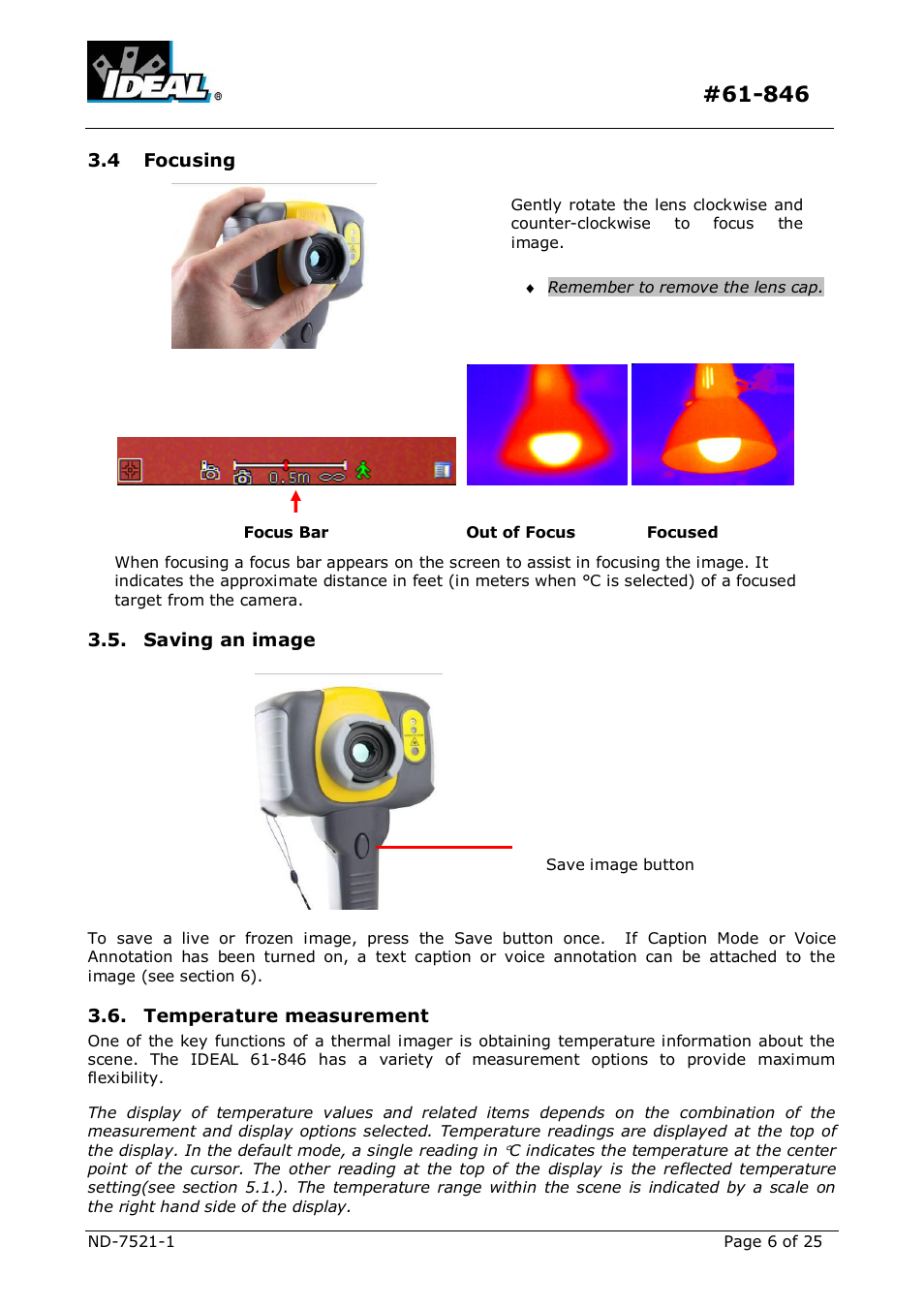 Ocusing, Aving an image, Emperature measurement | 4 focusing, Saving an image, Temperature measurement | IDEAL INDUSTRIES Dual View Thermal Imaging Camera HeatSeeker 160 User Manual | Page 6 / 25