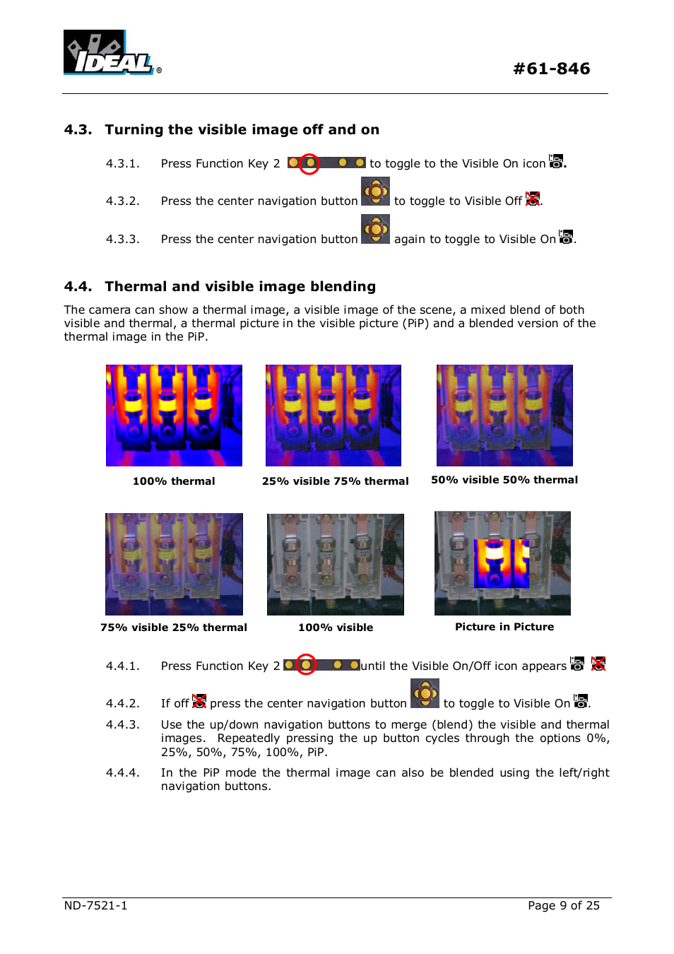 Urning the visible image off and on, Hermal and visible image blending | IDEAL INDUSTRIES Dual View Thermal Imaging Camera HeatSeeker 160 User Manual | Page 9 / 25