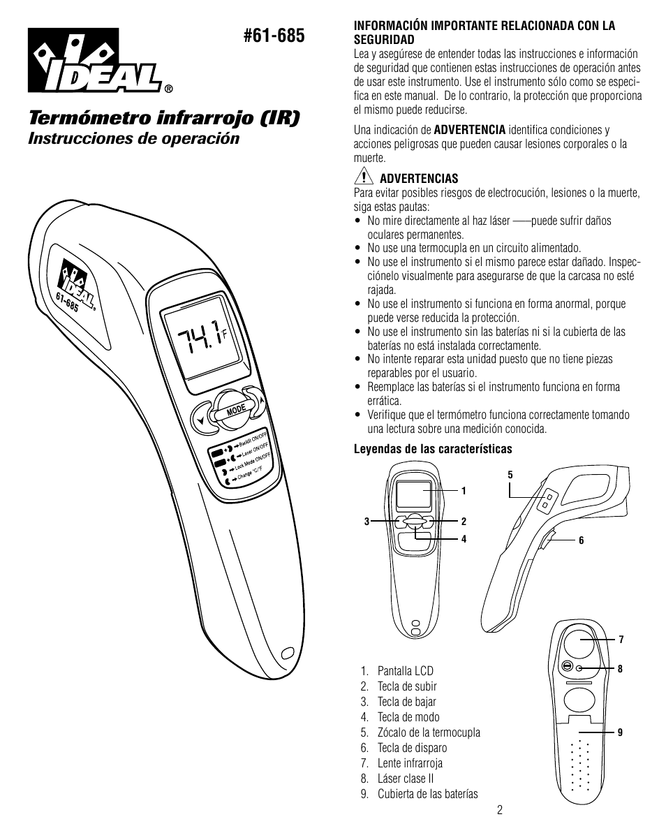 Termómetro infrarrojo (ir), Instrucciones de operación | IDEAL INDUSTRIES 61-685 User Manual | Page 5 / 12