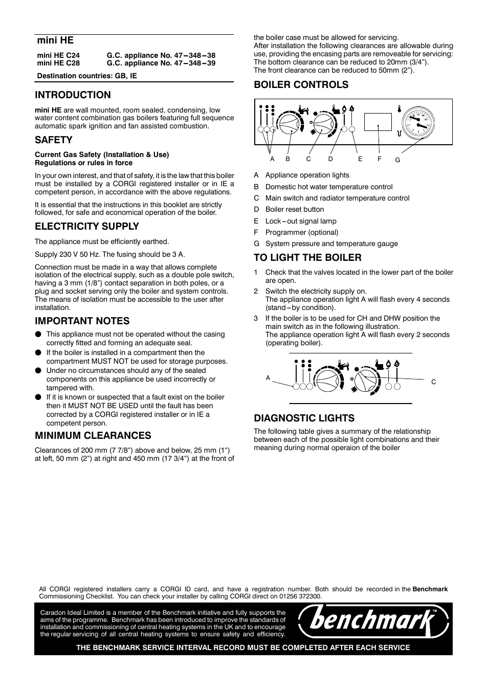 Mini he, Introduction, Safety | Electricity supply, Minimum clearances, Boiler controls, Diagnostic lights | IDEAL INDUSTRIES MINI HE C28 User Manual | Page 2 / 4