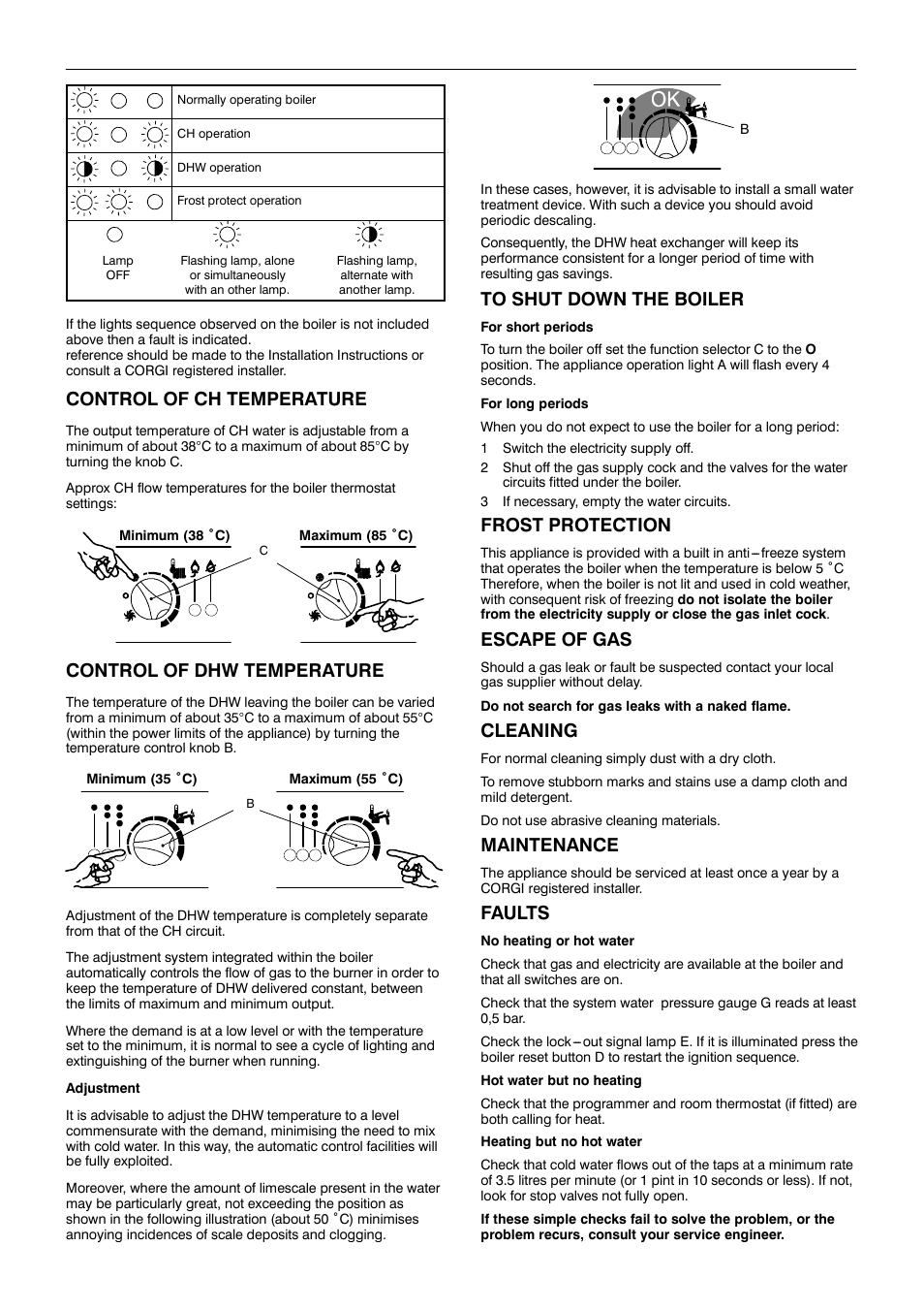 Control of ch temperature, Control of dhw temperature, Frost protection | Escape of gas, Cleaning, Maintenance, Faults | IDEAL INDUSTRIES MINI HE C28 User Manual | Page 3 / 4
