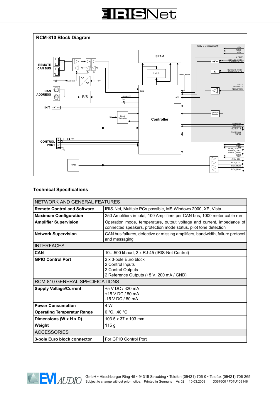Interfaces, Rcm-810 general specifications, Accessories | Pole euro block connector for gpio control port, Controller | I.R.I.S. RCM-810 User Manual | Page 2 / 4