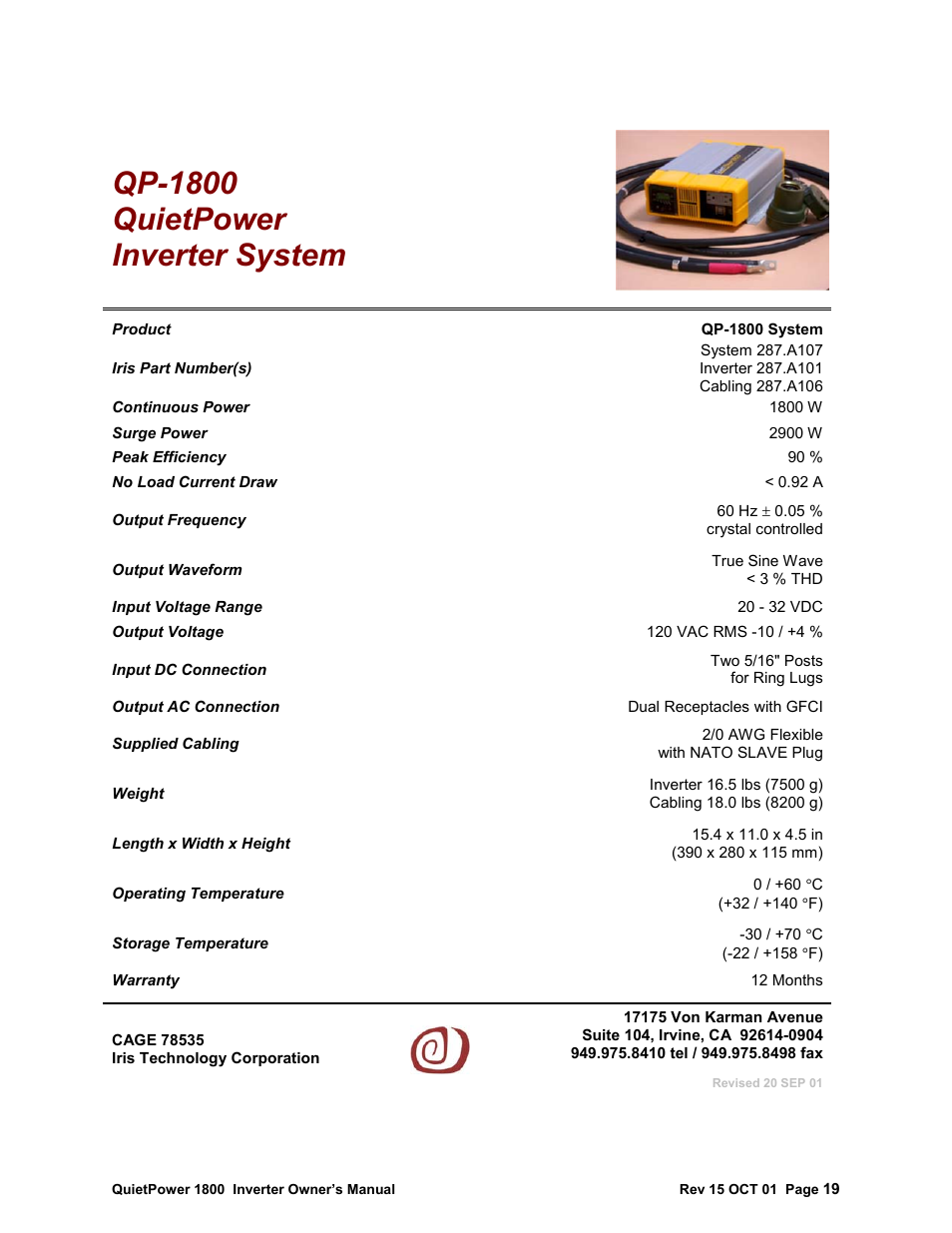 Qp-1800 quietpower inverter system | I.R.I.S. QP-1800 User Manual | Page 19 / 22