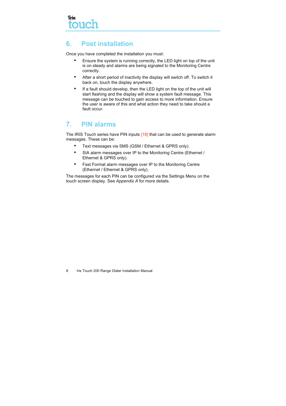 Post installation, Pin alarms | I.R.I.S. Touch 200 User Manual | Page 13 / 20
