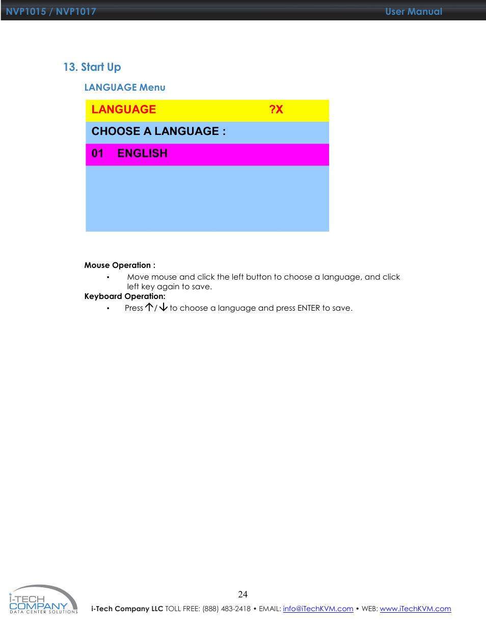 Start up | I-Tech Company NVP1017 User Manual | Page 25 / 33