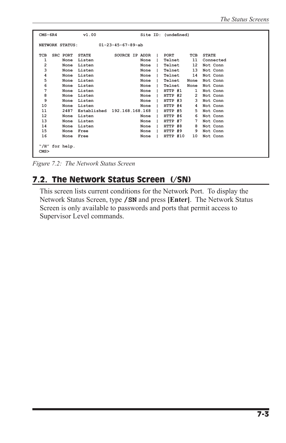 The network status screen (/sn), The status screens, Figure 7.2: the network status screen | I-Tech Company CMS 6R4 Series User Manual | Page 89 / 123