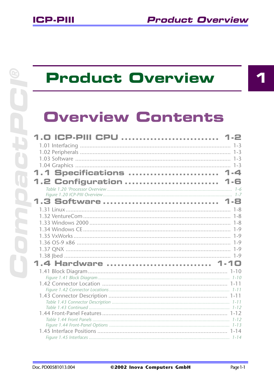 Overview contents, Compactpci, 1 product overview overview contents | Inova High Performance CPU board ICP-PII User Manual | Page 11 / 94