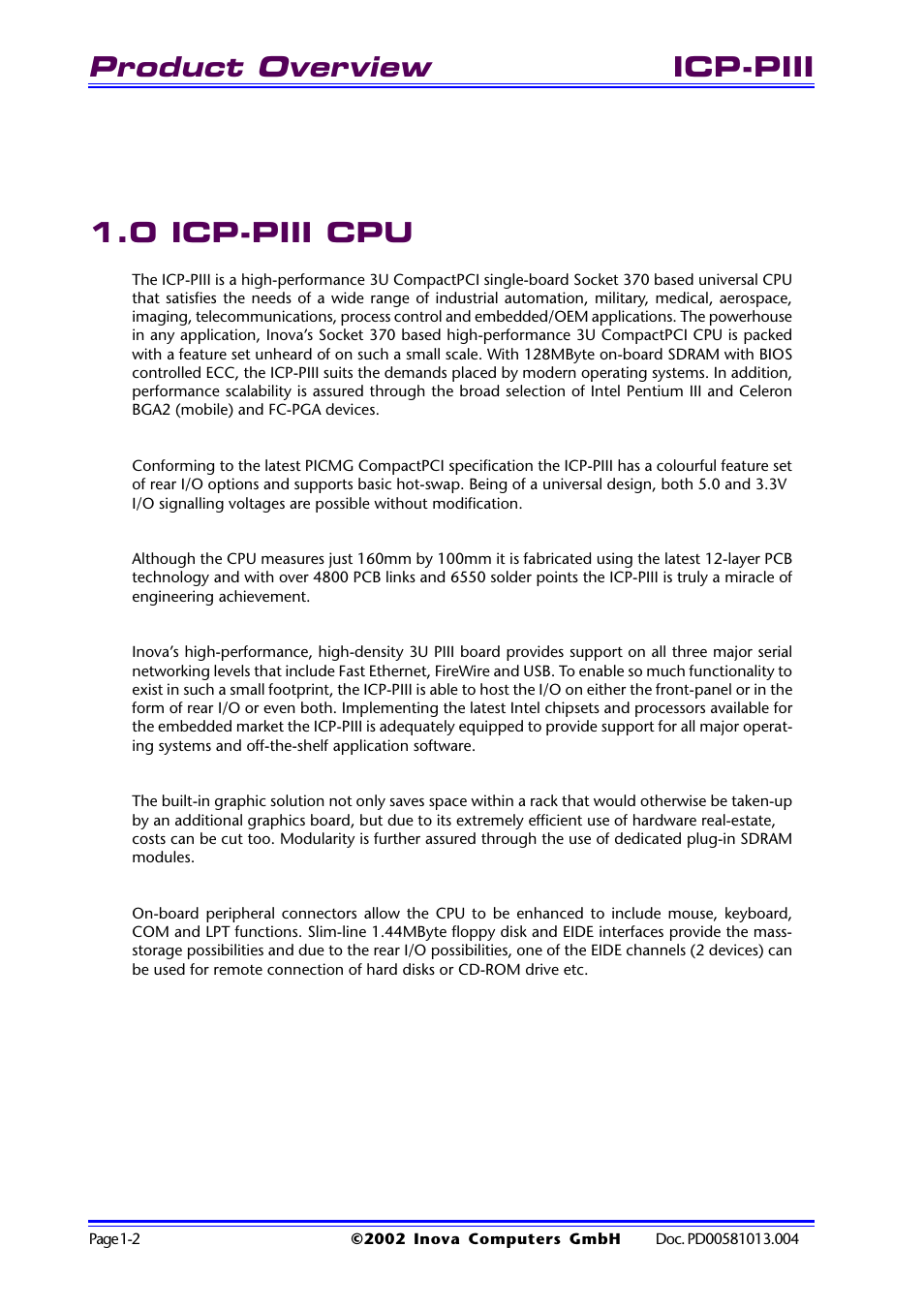 0 icp-piii cpu, 0 icp-piii cpu -2, Product overview | Icp-piii 1.0 icp-piii cpu | Inova High Performance CPU board ICP-PII User Manual | Page 12 / 94