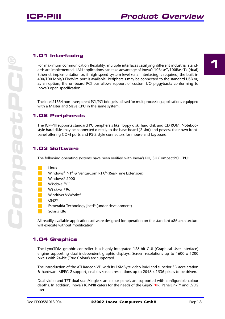 01 interfacing, 02 peripherals, 03 software | 04 graphics, Compactpci, Product overview, Icp-piii | Inova High Performance CPU board ICP-PII User Manual | Page 13 / 94