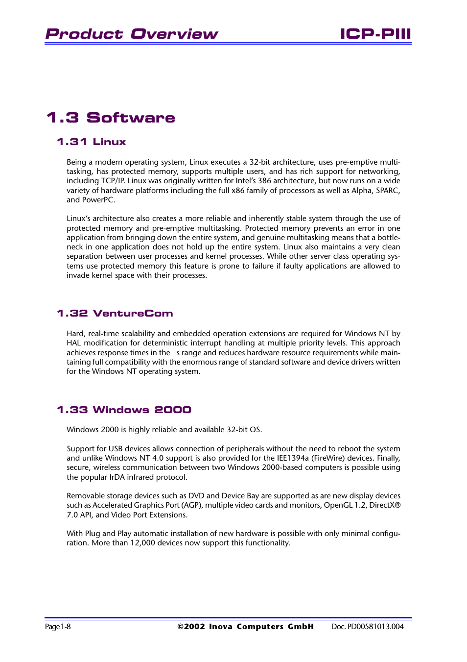 3 software, 31 linux, 32 venturecom | 33 windows 2000, 3 software -8, Product overview, Icp-piii 1.3 software | Inova High Performance CPU board ICP-PII User Manual | Page 18 / 94